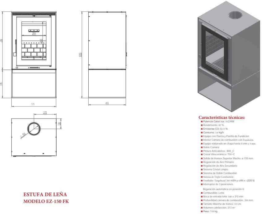 ESTUFA LEÑA DISEÑO FM MODELO EZ-150-FK - Imagen 2