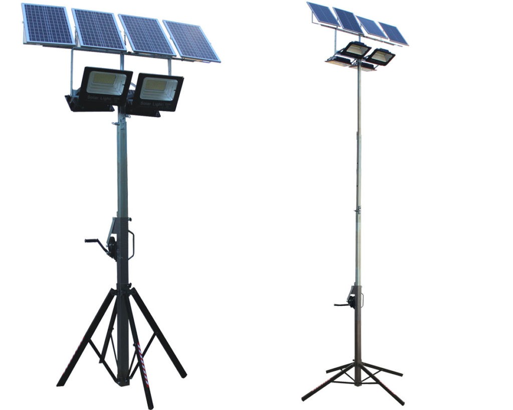 TORRE TRÍPODE CON 4 FOCOS SOLARES LED 100 W