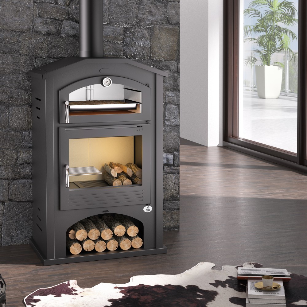 ESTUFA LEÑA CON HORNO INOX ENVOLVENTE FM MODELO M-106