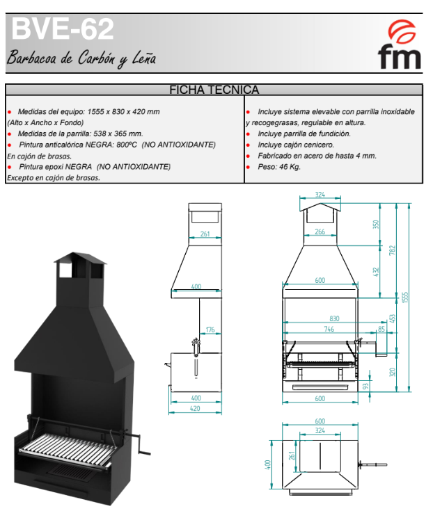 BARBACOA DE CARBÓN Y LEÑA MODELO BVE-62 FM - Imagen 4