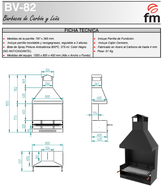 BARBACOA DE CARBÓN Y LEÑA MODELO BV-82 FM - Imagen 4
