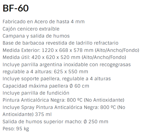 BARBACOA DE CARBÓN Y LEÑA VISTA Y ENCASTRABLE GRAN TAMAÑO FM MODELO BF-60 - Imagen 3