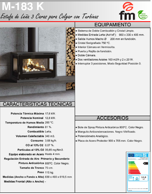 Estufa Leña Para Colgar FM Modelo M-183 K 3 Cristales Serigrafiados - Imagen 5