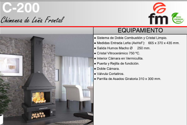 CHIMENEA METÁLICA FRONTAL A LEÑA FM MODELO C-200 K - Imagen 3