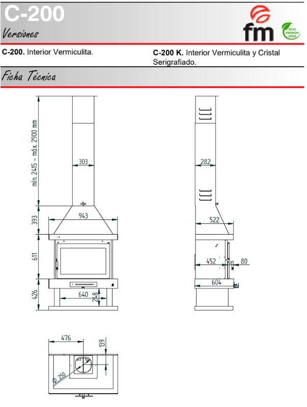 CHIMENEA METÁLICA FRONTAL A LEÑA FM MODELO C-200 K - Imagen 5