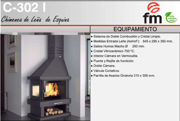 CHIMENEA METÁLICA A LEÑA ESQUINA CRISTAL IZQUIERDO FM MODELO C-302 IK - Imagen 5
