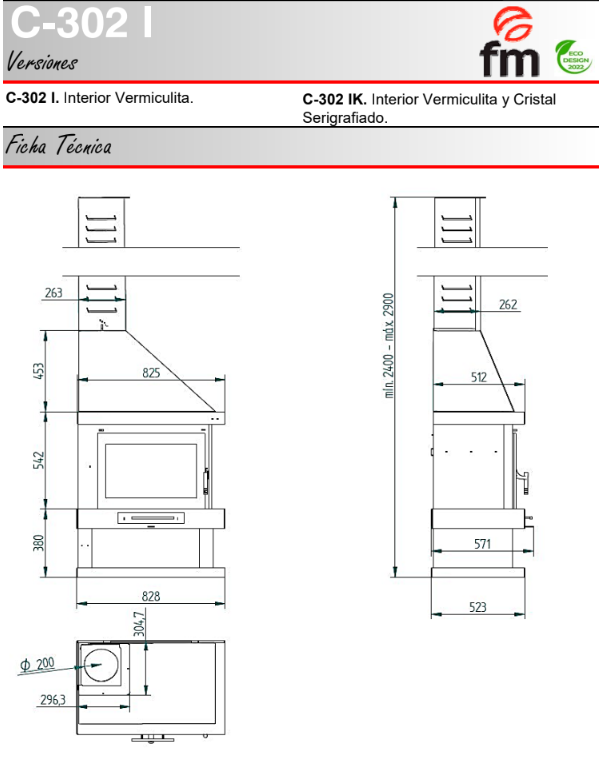 CHIMENEA METÁLICA A LEÑA ESQUINA CRISTAL IZQUIERDO FM MODELO C-302 IK - Imagen 6