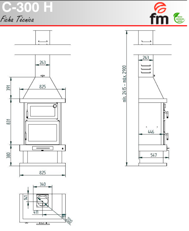 CHIMENEA METÁLICA FRONTAL CON HORNO INOX ENVOLVENTE Y BANDEJA DE 50CM FM MODELO C-300 H - Imagen 5