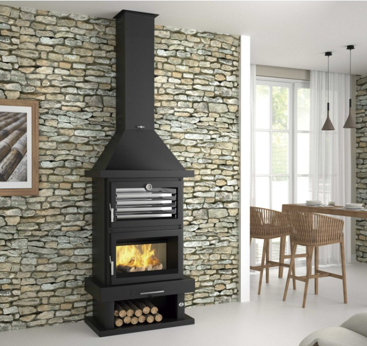 CHIMENEA METÁLICA FRONTAL CON HORNO INOX ENVOLVENTE Y BANDEJA DE 60CM FM MODELO C-200 H