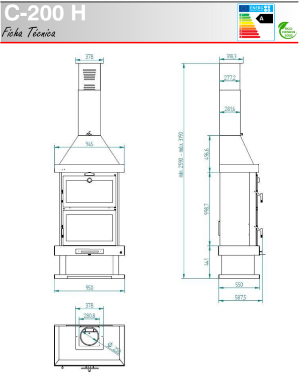 CHIMENEA METÁLICA FRONTAL CON HORNO INOX ENVOLVENTE Y BANDEJA DE 60CM FM MODELO C-200 H - Imagen 3