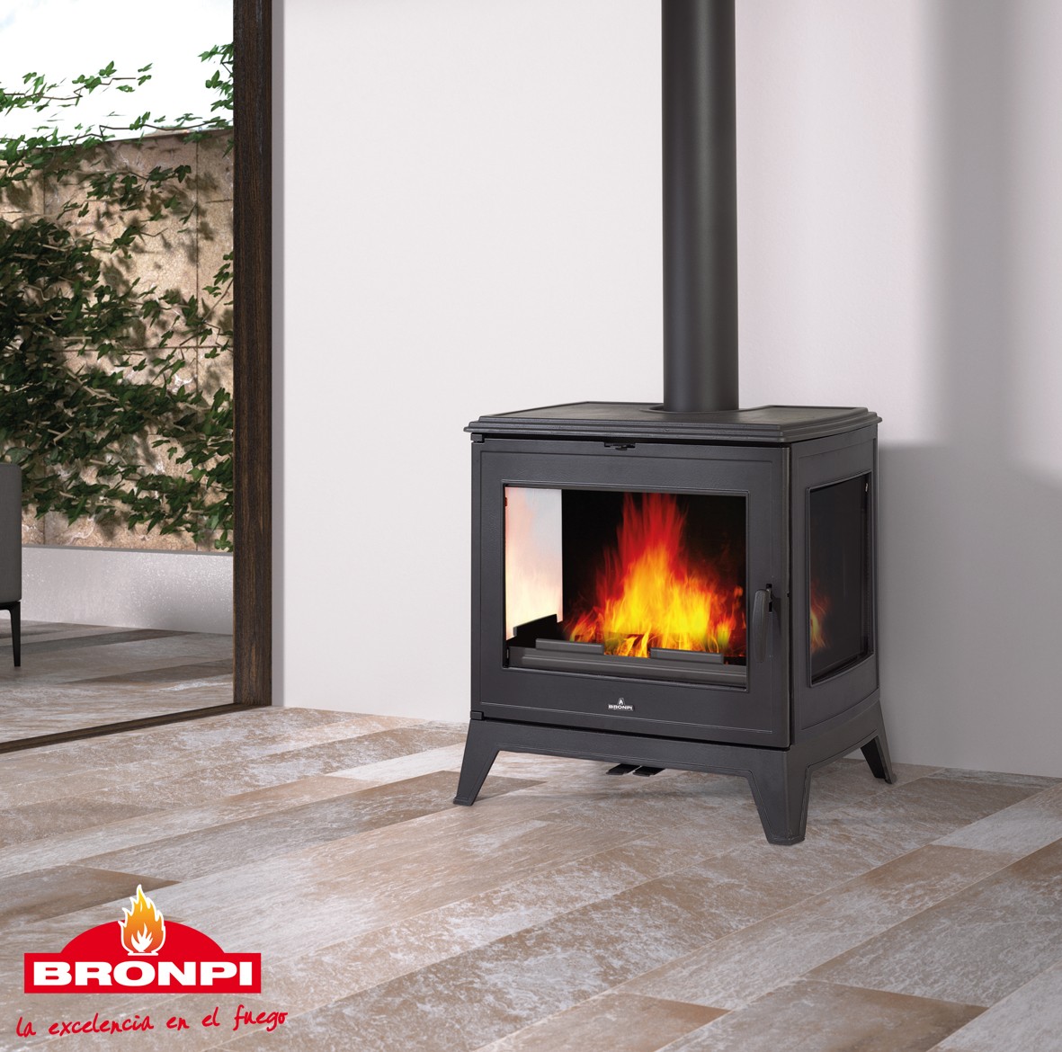 ESTUFA DE LEÑA FUNDICIÓN LATERALES EN CRISTAL BRONPI MODELO BURY-14 KW