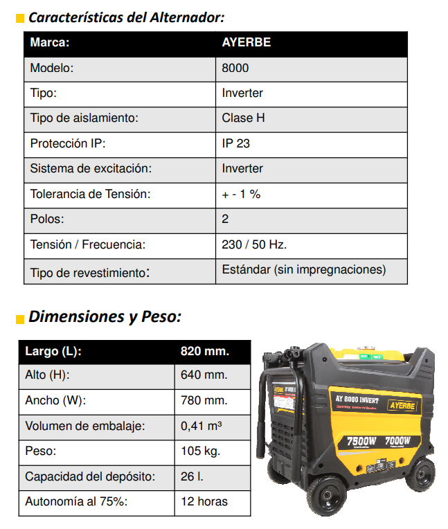 GENERADOR GASOLINA AYERBE 8000 KIOTSU INVERT E - Imagen 5