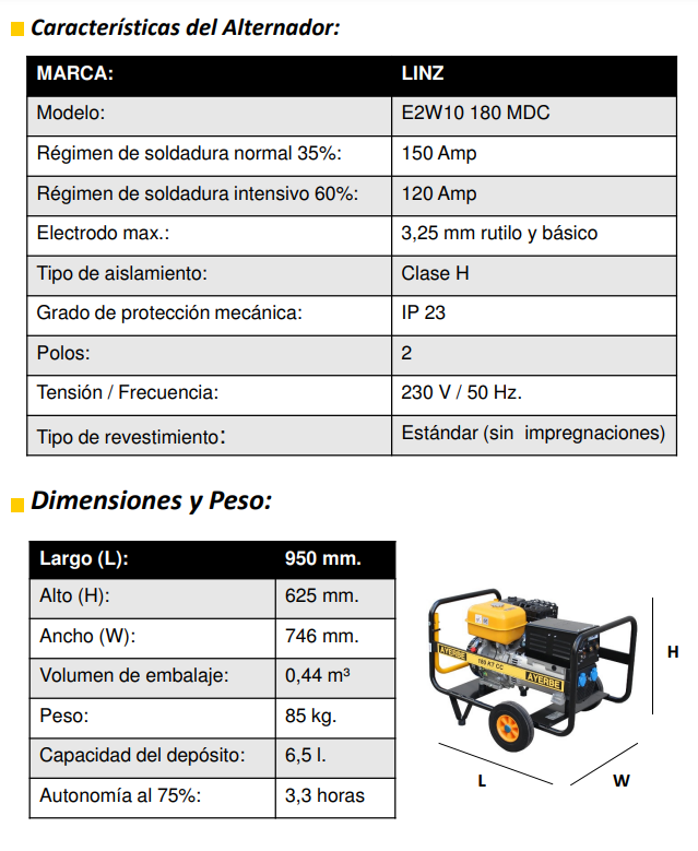 GRUPOS ELECTRÓGENOS Y MOTOSOLDADURAS - AYERBE 180 KT CC - Imagen 5