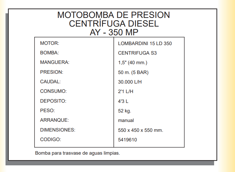 MOTOBOMBAS DIESEL - Motobomba de presión AY-350 MP Lombardini - Imagen 3