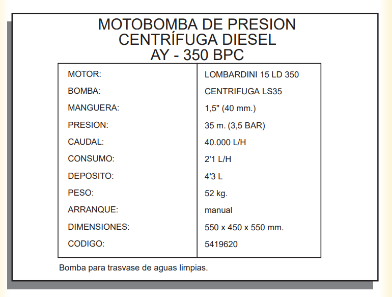 MOTOBOMBAS DIESEL - Motobomba de presión AY-350 BPC Lombardini - Imagen 2