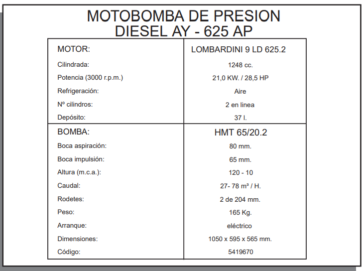 MOTOBOMBAS DIESEL - Motobomba alta presión AY-625 AP Lombardini - Imagen 3