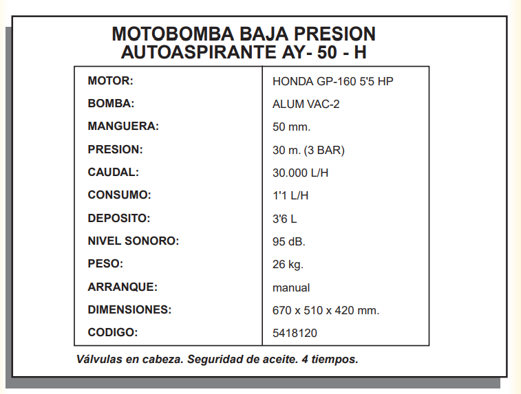 MOTOBOMBA AGUAS LIMPIAS DE BAJA PRESION AYERBE 50 MOTOR HONDA - Imagen 3
