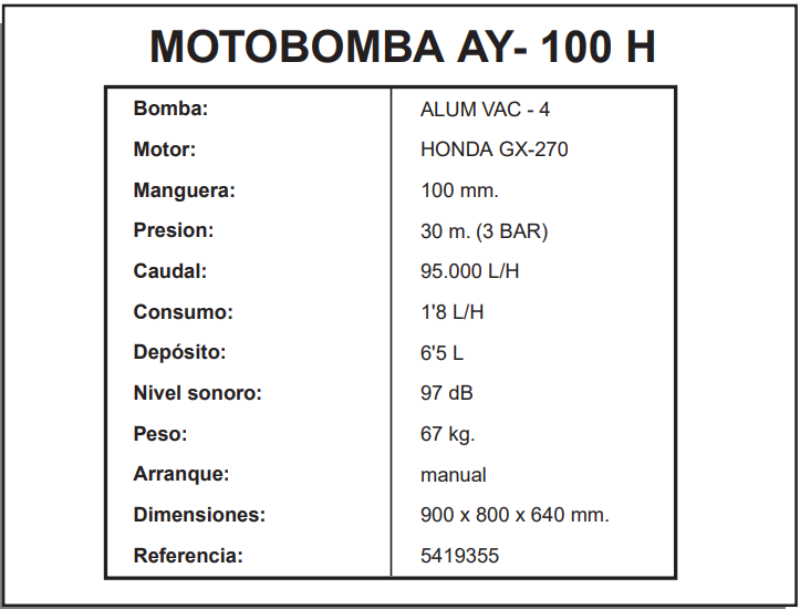 MOTOBOMBAS BAJA PRESIÓN AUTOASPIRANTES - AYERBE 100 HONDA MOTOBOMBA - Imagen 3