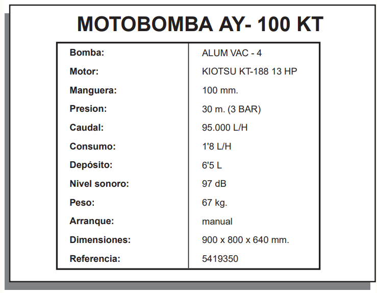 MOTOBOMBAS BAJA PRESIÓN AUTOASPIRANTES - AYERBE 100 KIOTSU MOTOBOMBA - Imagen 3