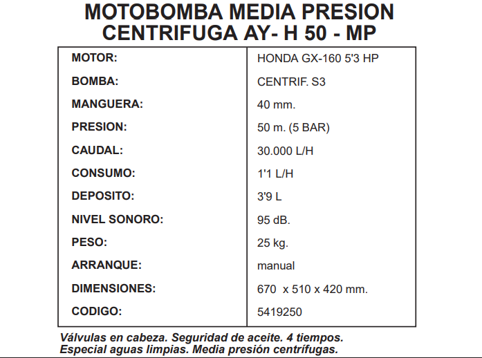 MOTOBOMBA AGUAS LIMPIAS DE MEDIA PRESION CENTRIFUGAS AYERBE 50 MP MOTOR HONDA - Imagen 3