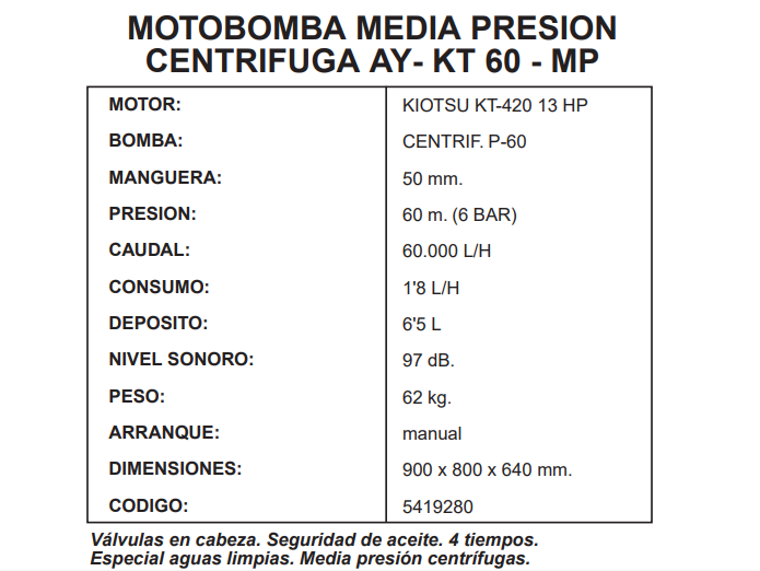 MOTOBOMBA AGUAS LIMPIAS DE MEDIA PRESION CENTRIFUGAS AYERBE 60 MP MOTOR KIOTSU - Imagen 3