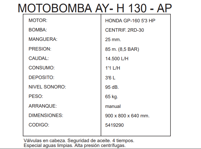 MOTOBOMBA AGUAS LIMPIAS DE ALTA PRESION CENTRIFUGAS AYERBE 130 AP MOTOR HONDA - Imagen 3
