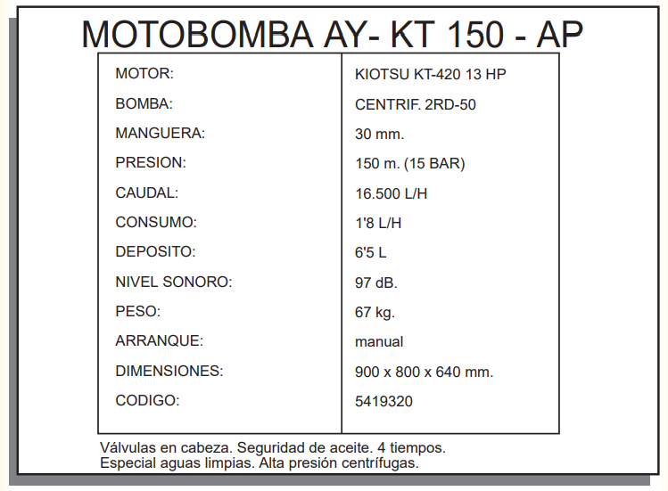 MOTOBOMBA AGUAS LIMPIAS DE ALTA PRESION CENTRIFUGAS AYERBE 150 AP MOTOR KIOTSU - Imagen 2