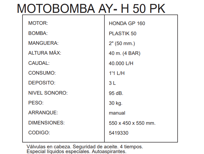 MOTOBOMBA LIQUIDOS ESPECIALES AYERBE 50 PK MOTOR HONDA AUTOASPIRANTE - Imagen 3
