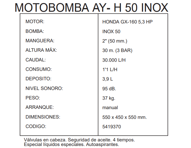 MOTOBOMBA LIQUIDOS ESPECIALES AYERBE 50 INOXIDABLE MOTOR HONDA AUTOASPIRANTE - Imagen 4