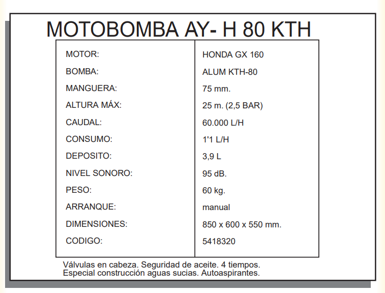 MOTOBOMBA AGUAS SUCIAS AYERBE 80 KTH MOTOR HONDA AUTOASPIRANTE - Imagen 3