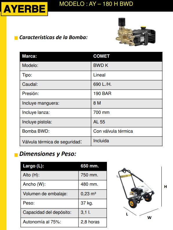 HIDROLIMPIADORAS ALTA PRESIÓN - AYERBE 180 H-BWD HIDROLIMPIADORA - Imagen 6