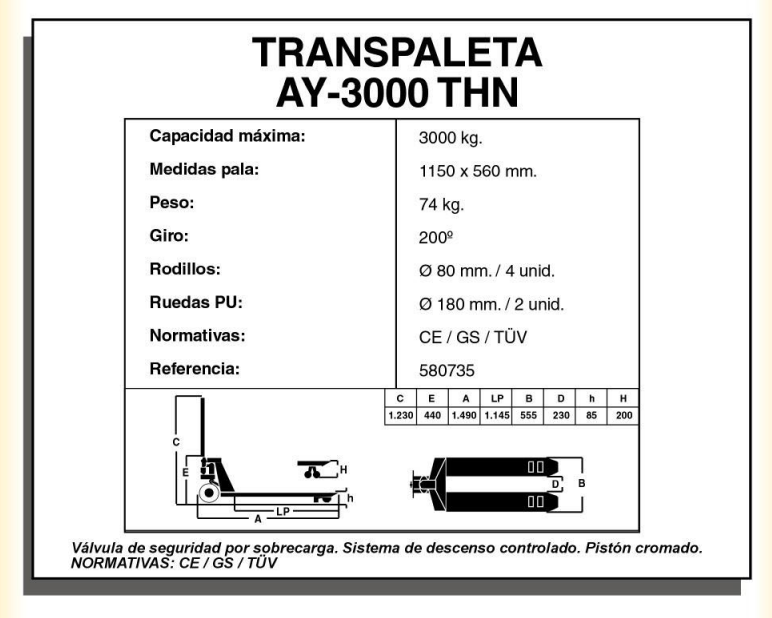 TRANSPALETA AYERBE 3000 THN CON RUEDAS NYLON - Imagen 4