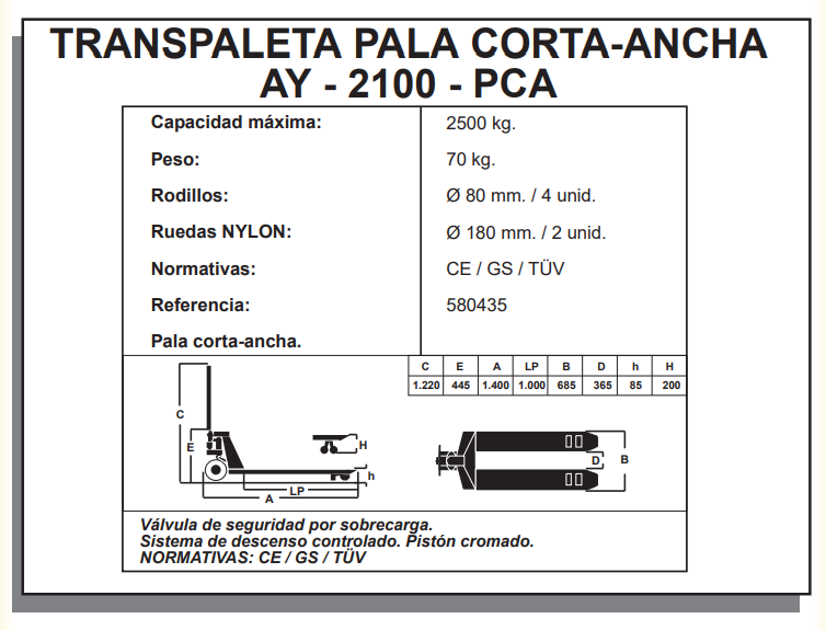 TRANSPALETA AYERBE 2000 PCA NYLON - Imagen 2