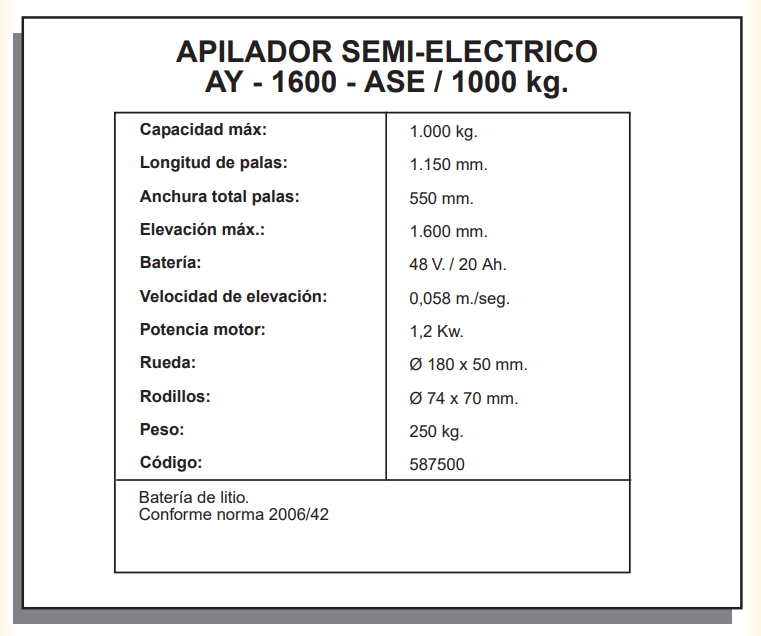 APILADORES - APILADOR SEMI-ELECTRICO 1000 KG. 1600mm. - Imagen 3