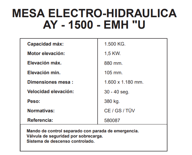 MESA HIDRAULICA ELECTRICA AYERBE 1500-EMH "U" - Imagen 3
