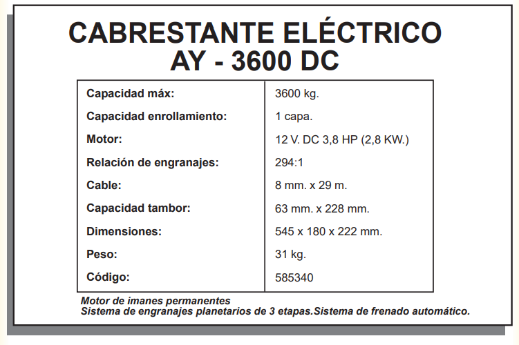 ELEVACIÓN - AY – 3600 – DC Cabrestante eléctrico - Imagen 3