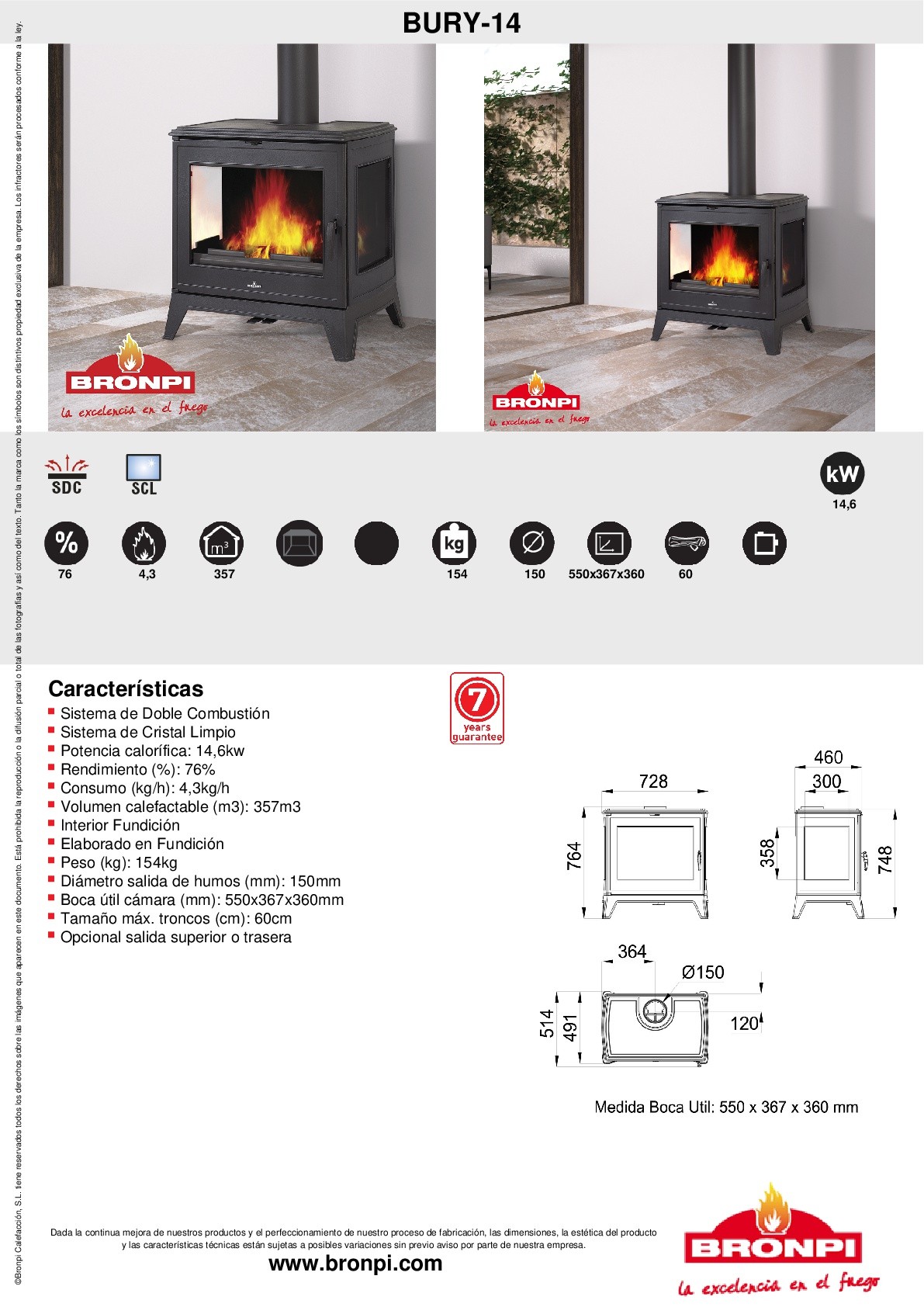 ESTUFA DE LEÑA FUNDICIÓN LATERALES EN CRISTAL BRONPI MODELO BURY-14 KW - Imagen 3