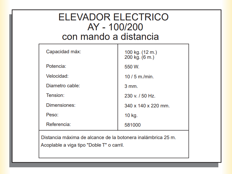 ELEVADOR AY 100/200 CON MANDO A DISTANCIA - Imagen 2
