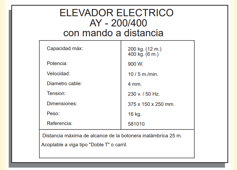 ELEVADOR AY 200/400 CON MANDO A DISTANCIA - Imagen 3