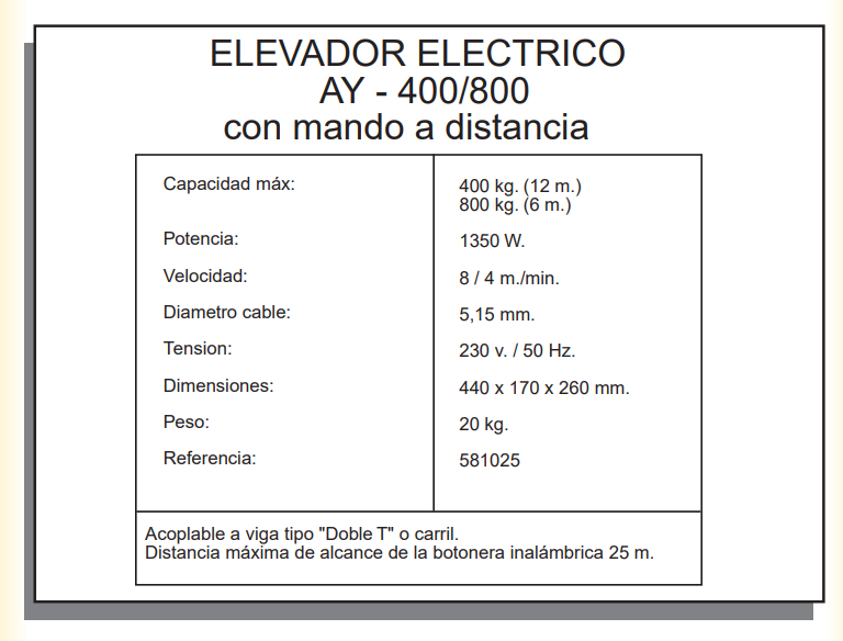 ELEVADOR AY 400/800 CON MANDO A DISTANCIA - Imagen 3