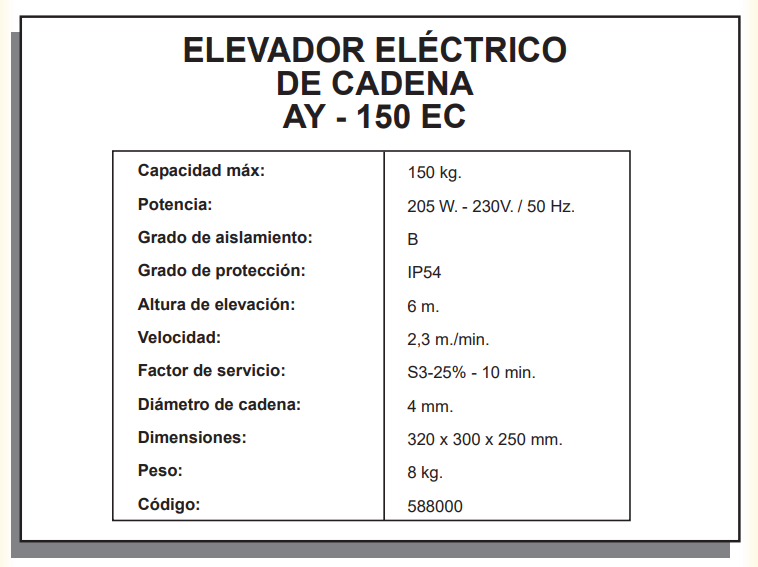 ELEVADOR ELÉCTRICO CADENA AYERBE 150 EC - Imagen 4