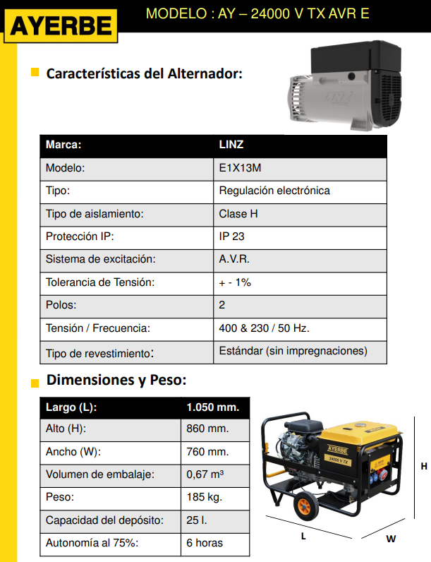 GRUPOS ELECTROGENOS 3000 r.p.m. GASOLINA - AYERBE 24000- TX AVR E - Imagen 5