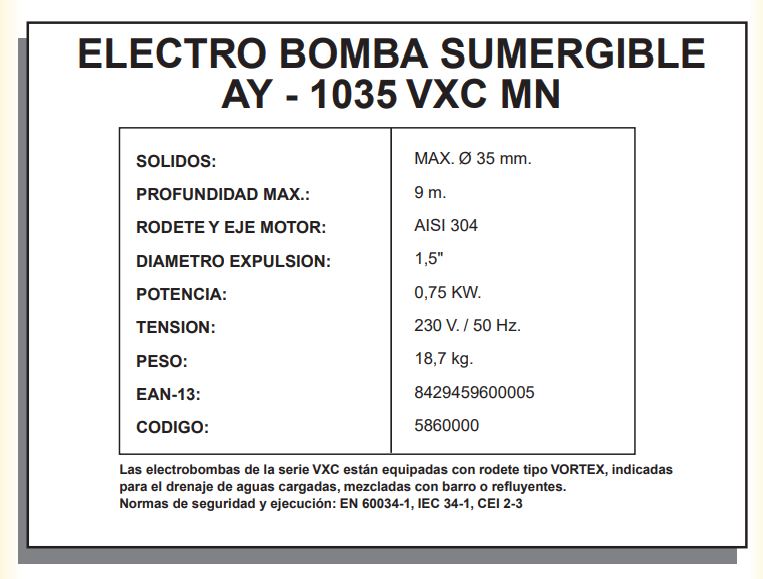ELECTROBOMBAS SUMERGIBLES - AYERBE 1035 VXC MN - Imagen 2