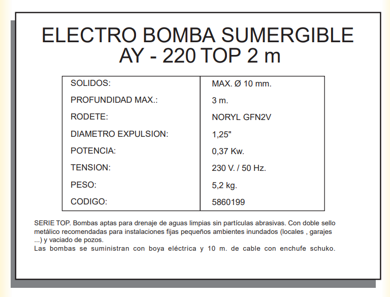 ELECTROBOMBAS SUMERGIBLES - AYERBE 220 TOP 2m - Imagen 3