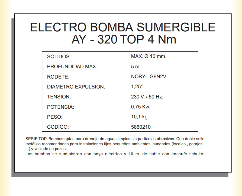 ELECTROBOMBAS SUMERGIBLES - AYERBE 320 TOP 4 Nm - Imagen 2