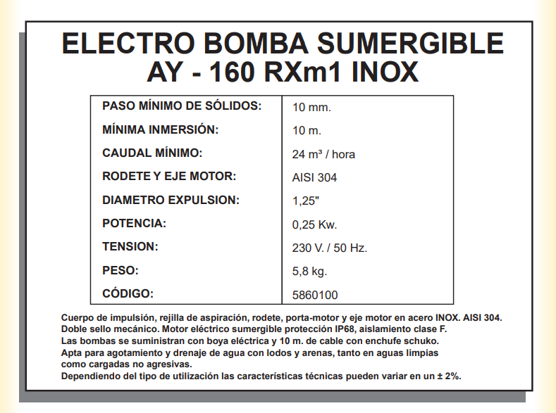 ELECTROBOMBAS SUMERGIBLES - AYERBE 160 RXm1 INOX - Imagen 2