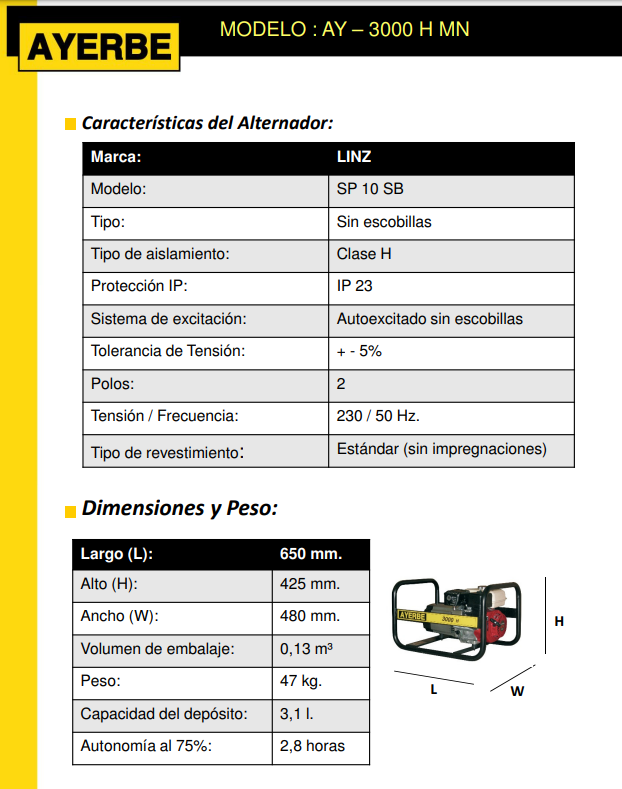 GRUPOS ELECTROGENOS 3000 r.p.m. GASOLINA - AYERBE 3000 – H – MN (GX) - Imagen 5