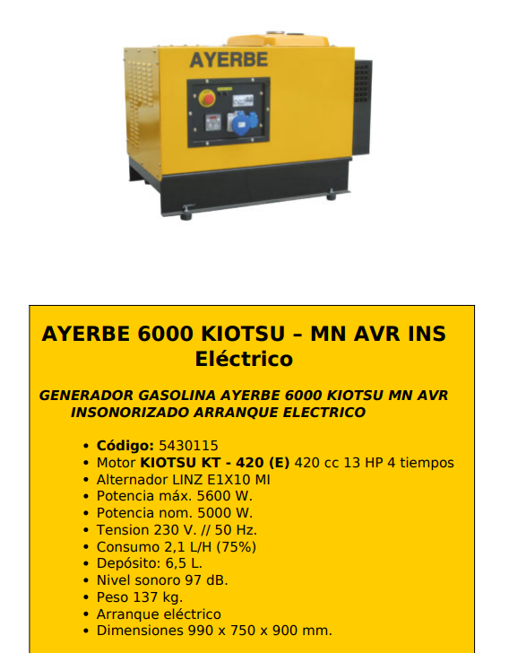 GRUPOS ELECTROGENOS 3000 r.p.m. GASOLINA - AYERBE 6000 KIOTSU – MN AVR INS Eléctrico - Imagen 2