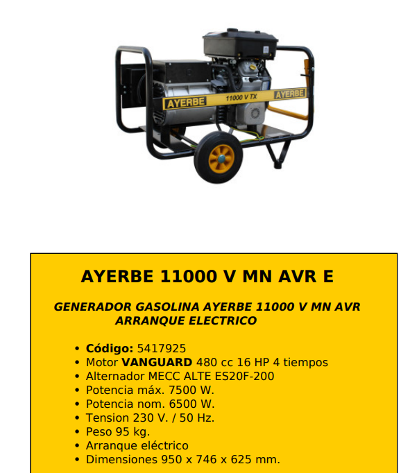 GRUPOS ELECTROGENOS 3000 r.p.m. GASOLINA - AYERBE 11000 V MN AVR E - Imagen 2
