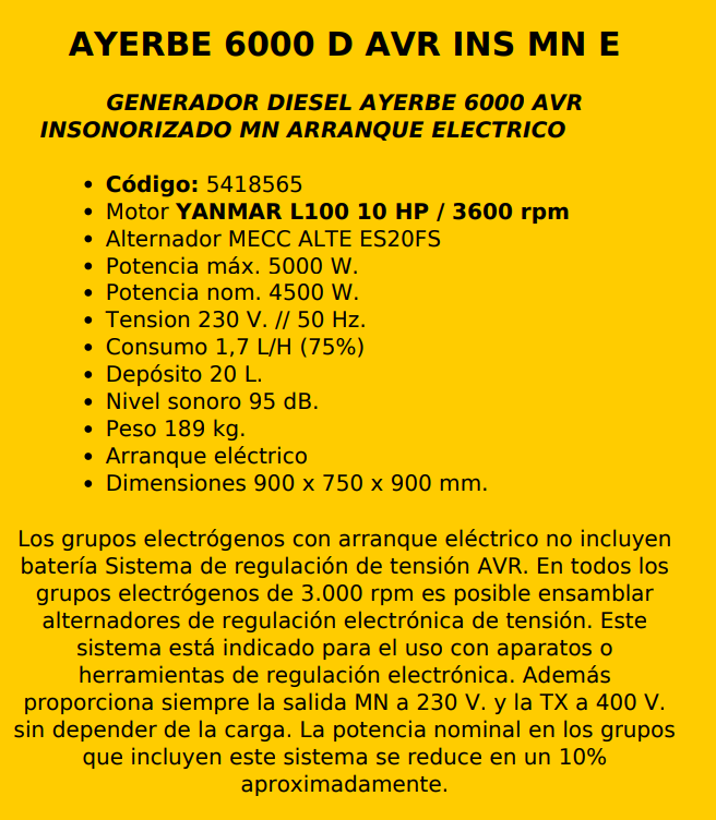 GRUPOS ELECTROGENOS 3000 R.P.M. DIESEL - AYERBE 6000 D AVR INS MN E - Imagen 2